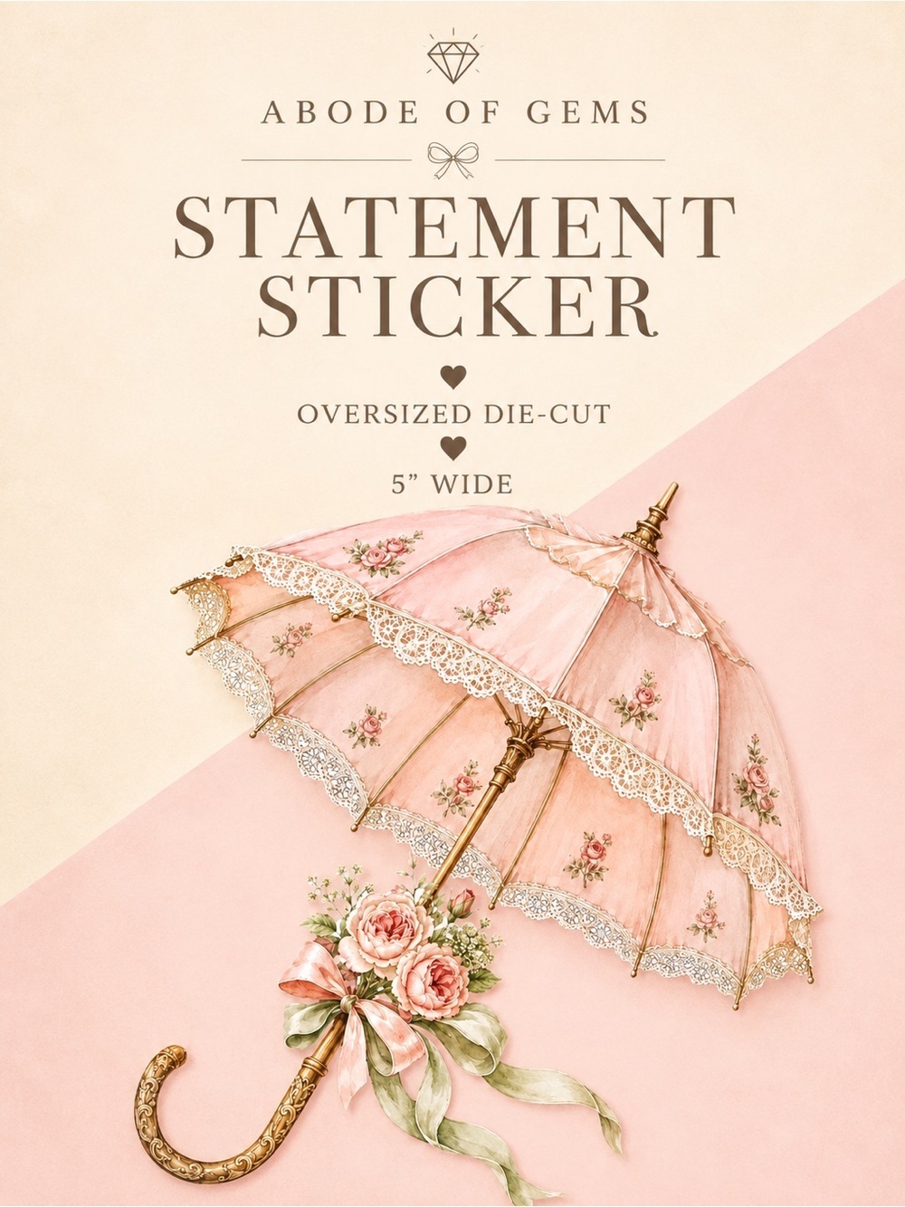🆕 2/$18 💌 Vintage Cottage Floral Lace Parasol Oversized Sticker 5” Die-Cut